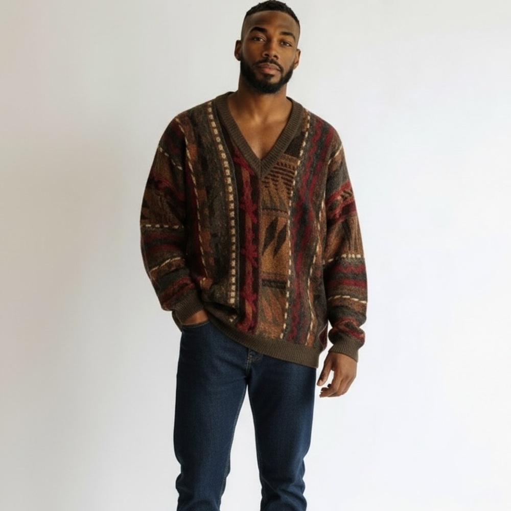 Vintage Monello Italy Coogi Style V-Neck Sweater Colorful‎ 3D Knit Wool Blend